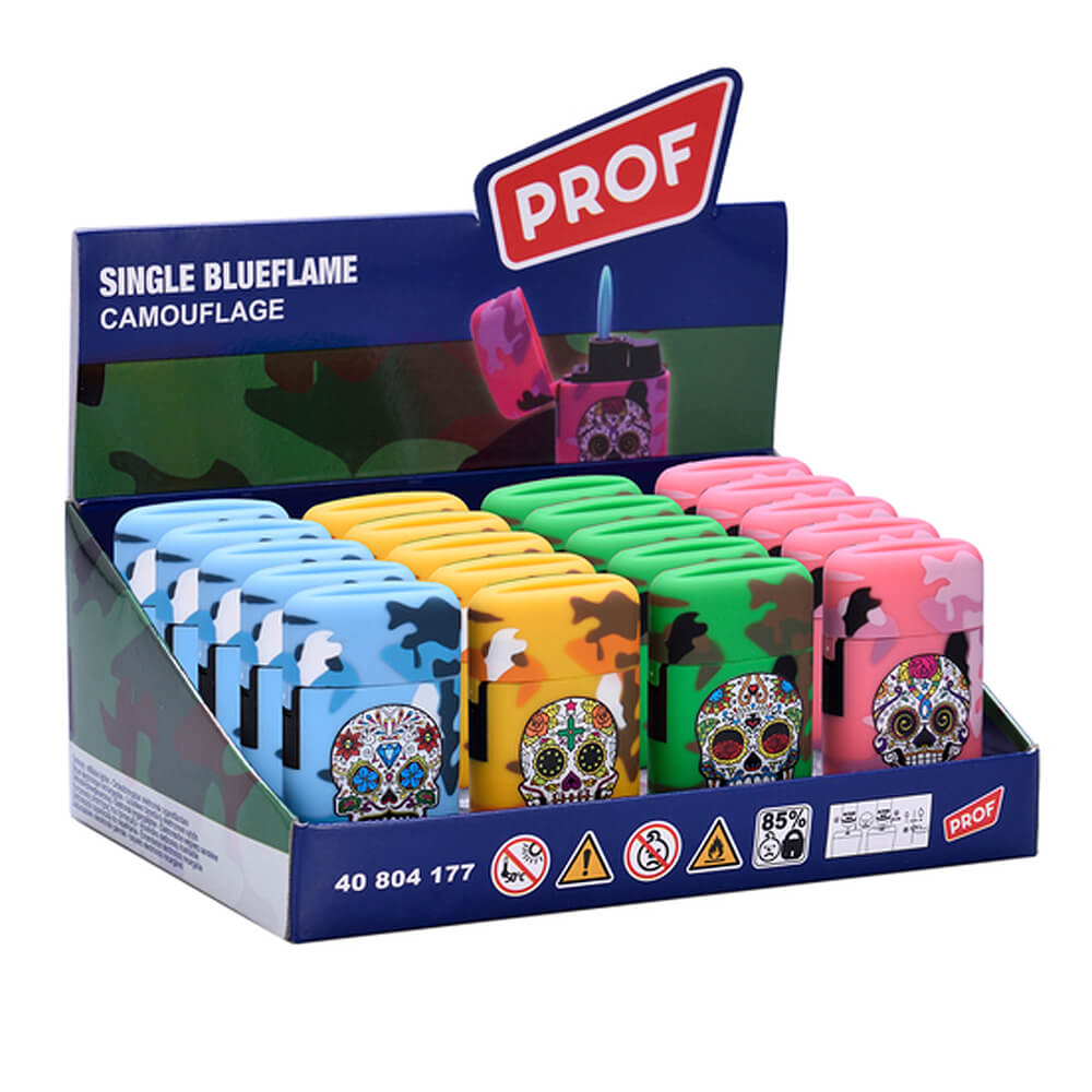 Prof Single Blueflame Camouflage Skull Lighters (20pcs/display)