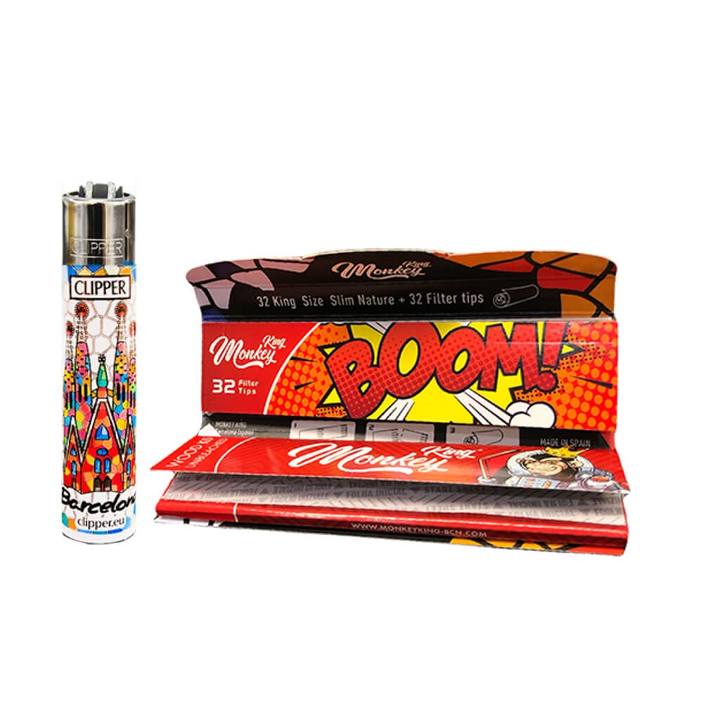 Monkey King KS Slim Rolling Papers + Clipper Lighter Barcelona Edition (20pcs/display)